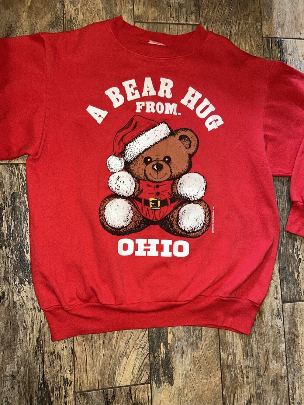 Vintage 90s Made In USA Bear Print Sweater A Bear Hug From Ohio Red Size Large